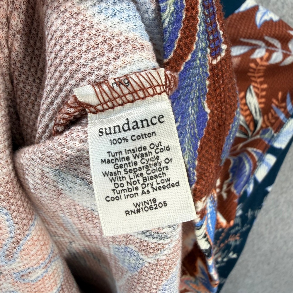 Sundance Floral Waffle Knit Thermal Top Rust Brown Velvet Button Cuff Large - Picture 6 of 7